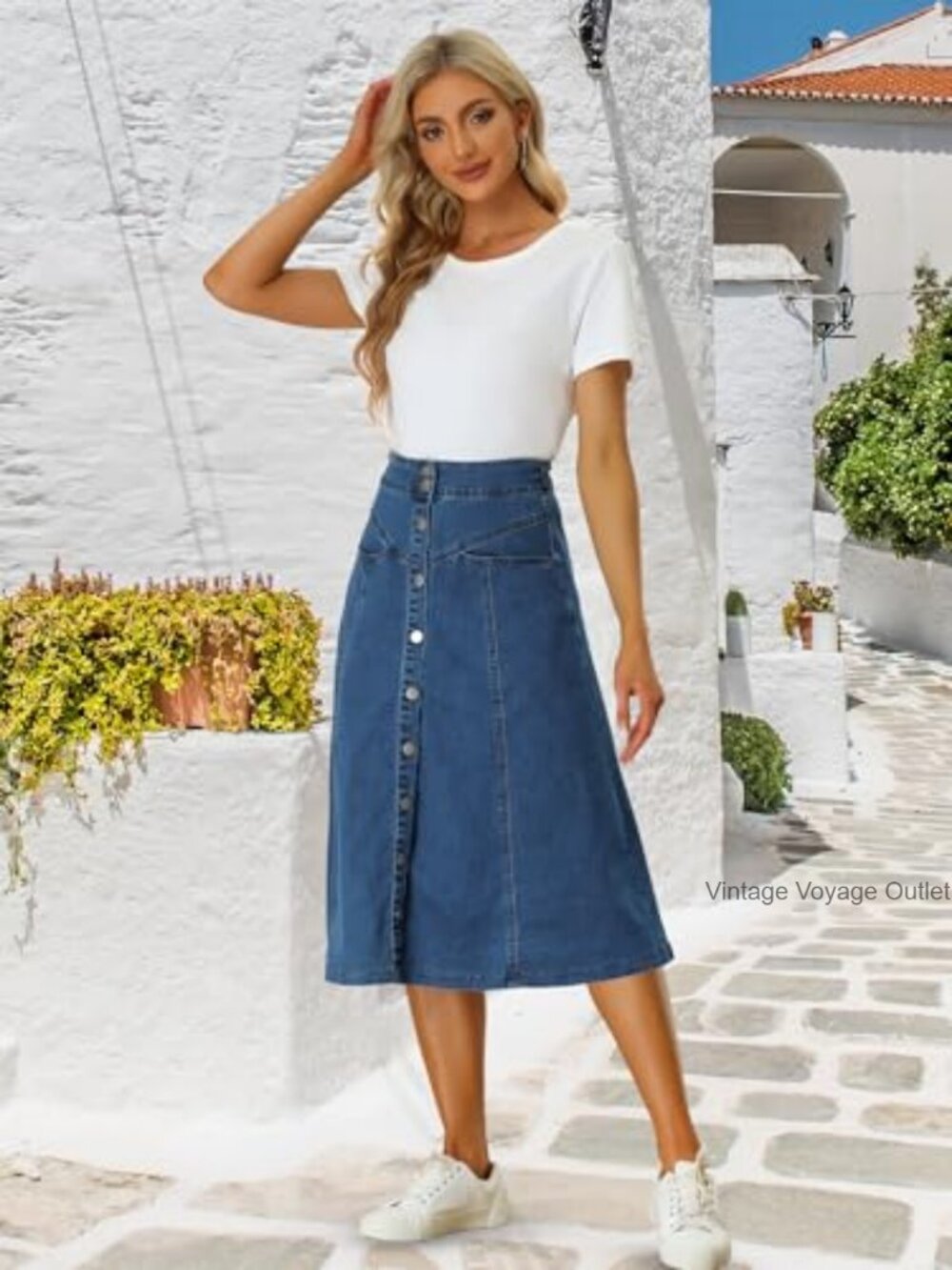 A-Line Denim Midi Jean Skirt Button Down Casual